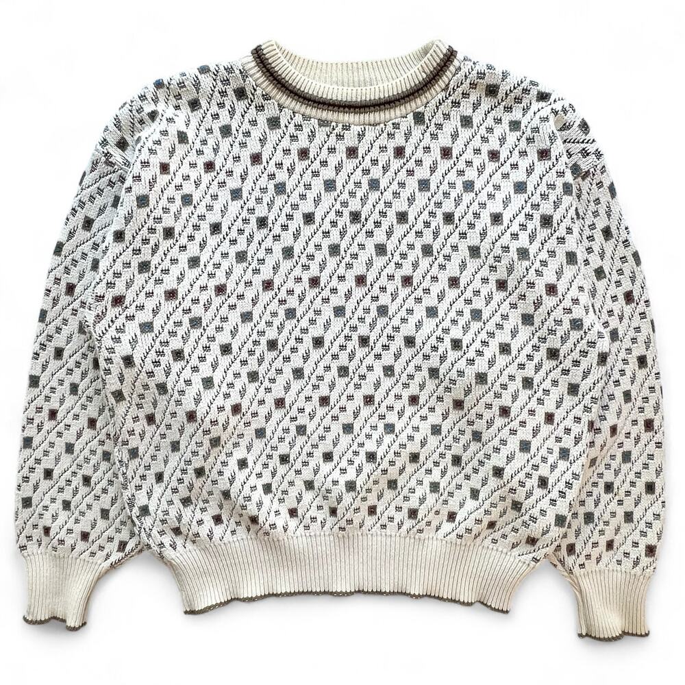 Vintage John Weitz Preppy Geometric Square Abstract Pattern Knit Sweater USA L